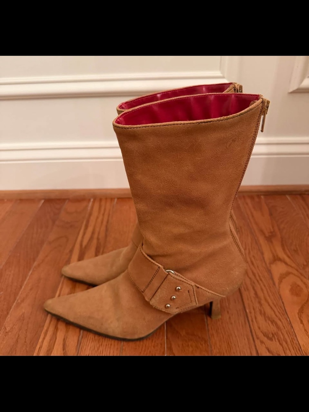 Bronx Tan Suede Mid-Calf Pointed Toe Boots with Red Lining Size 38 (7.5-8)